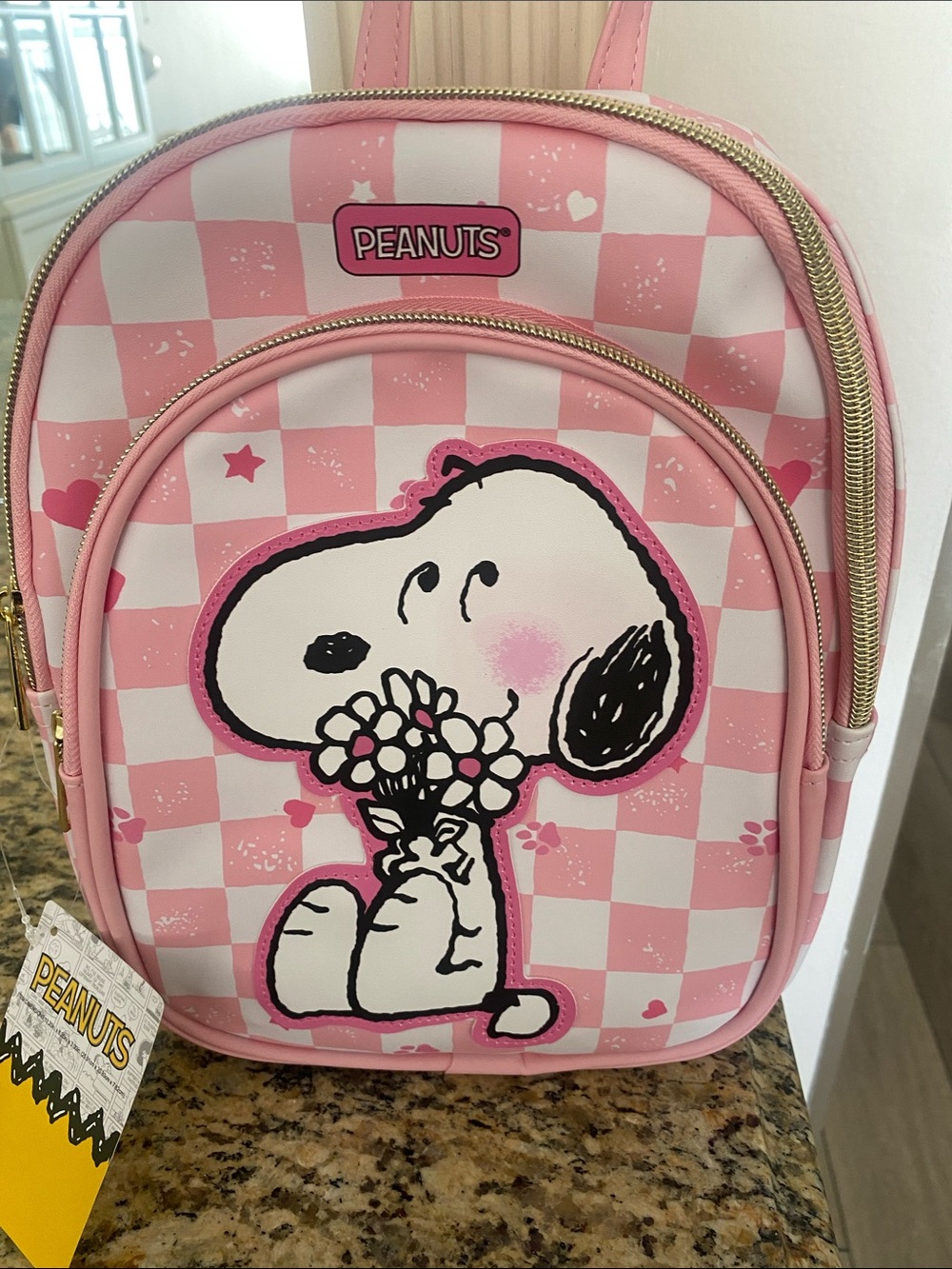 Peanuts Pink Checkerboard Snoopy Mini Backpack NWT about 8x10x3